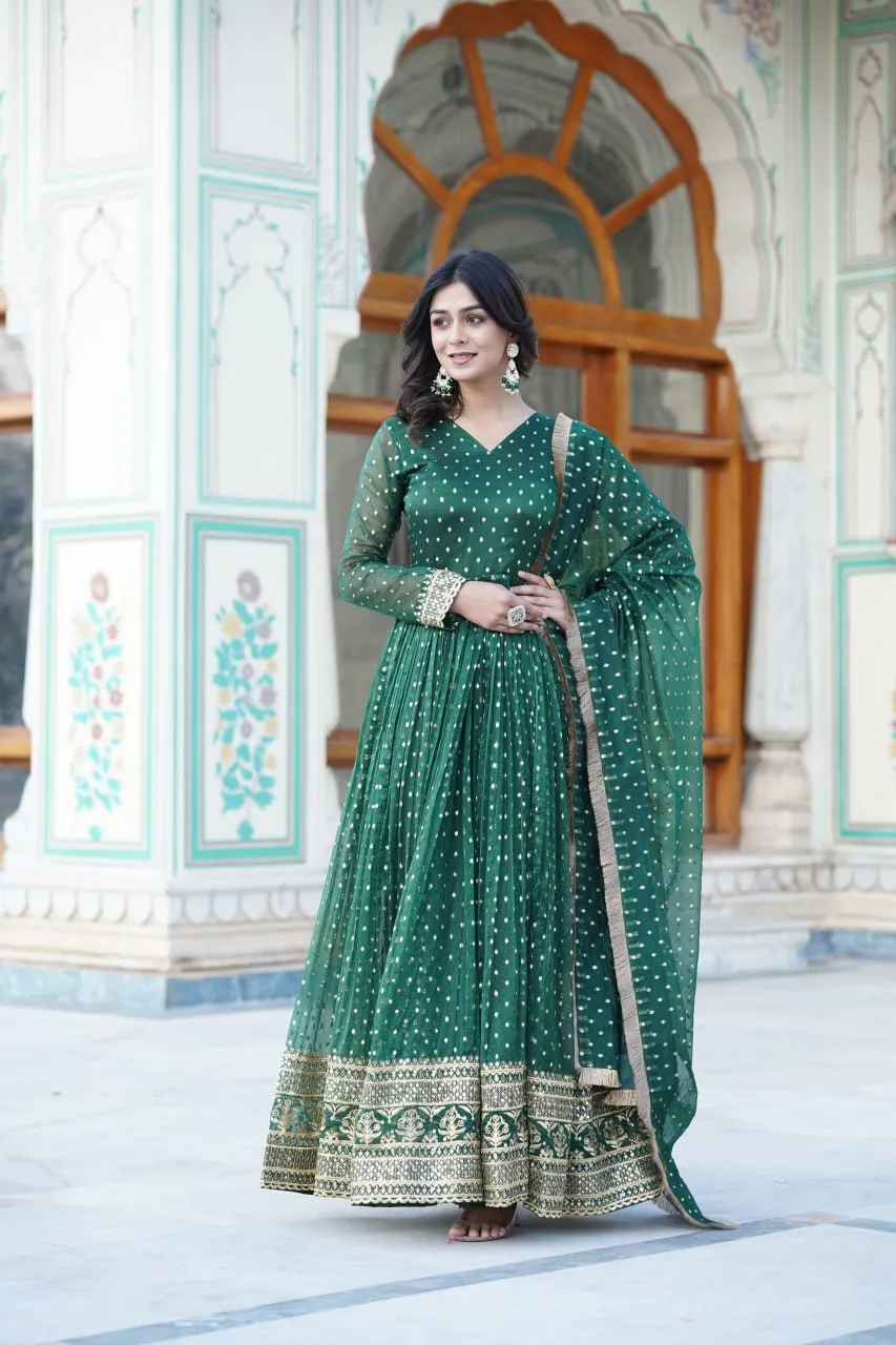 Green Nylon Jacquard Readymade Gown with Dupatta Set - Embroidery & Zari Sequin Work