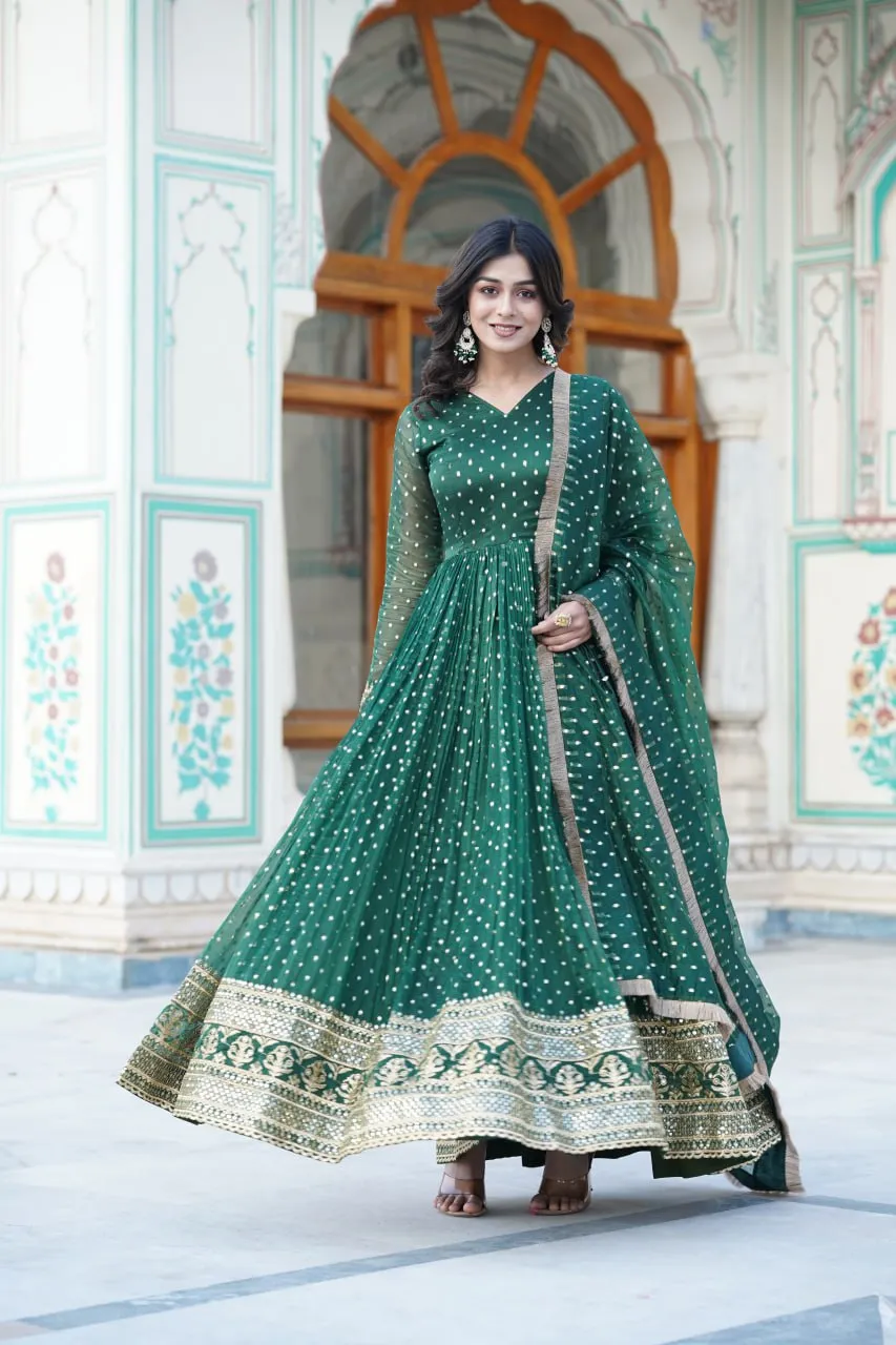 Green Nylon Jacquard Readymade Gown with Dupatta Set - Embroidery & Zari Sequin Work