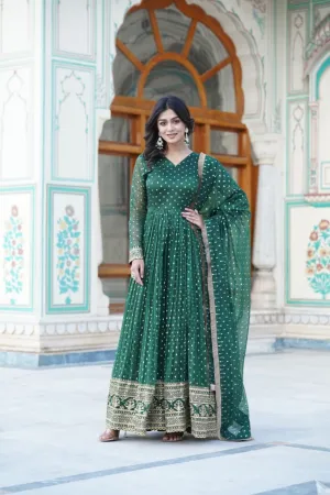 Green Nylon Jacquard Readymade Gown with Dupatta Set - Embroidery & Zari Sequin Work
