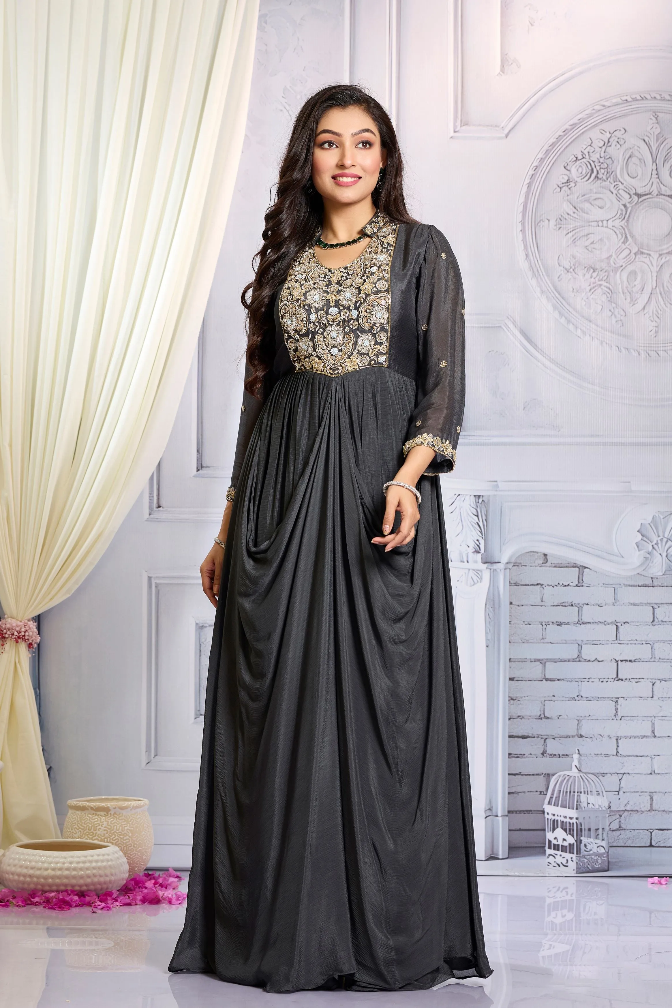 Grey Embellished Chinon Silk Draped Gown