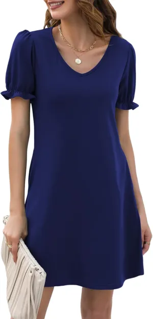 Halife Womens Summer Dresses Casual Puff Short Sleeve V-Neck T Shirt Dress with Pockets