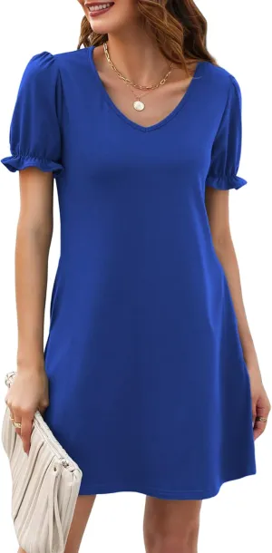 Halife Womens Summer Dresses Casual Puff Short Sleeve V-Neck T Shirt Dress with Pockets