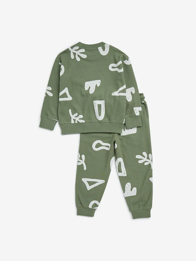 HOP Kids Olive Printed Cotton Sweatshirt and Joggers Set