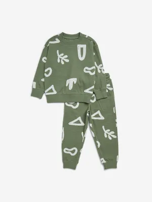 HOP Kids Olive Printed Cotton Sweatshirt and Joggers Set