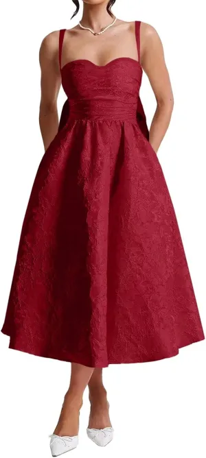 Jacquard Satin Prom Dresses Bow Back for Women Sweetheart Tea Length A Line Formal Party Gown