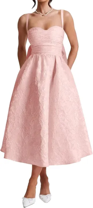 Jacquard Satin Prom Dresses Bow Back for Women Sweetheart Tea Length A Line Formal Party Gown