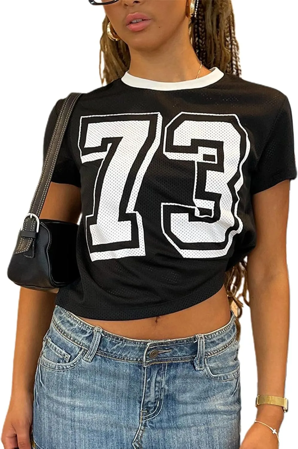 Jersey Crop Tops Y2k Short Sleeve Number Graphic Baby Tee Vintage Aesthetic Slim Fit Crewneck 00s Going Out T Shirts