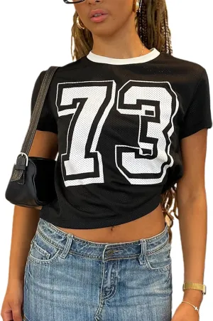Jersey Crop Tops Y2k Short Sleeve Number Graphic Baby Tee Vintage Aesthetic Slim Fit Crewneck 00s Going Out T Shirts