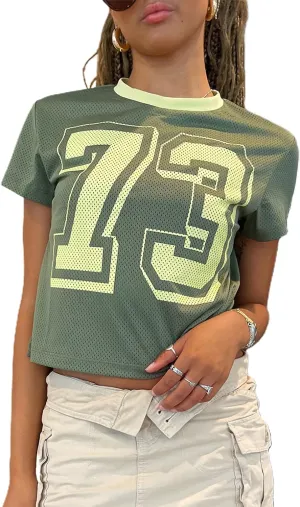 Jersey Crop Tops Y2k Short Sleeve Number Graphic Baby Tee Vintage Aesthetic Slim Fit Crewneck 00s Going Out T Shirts