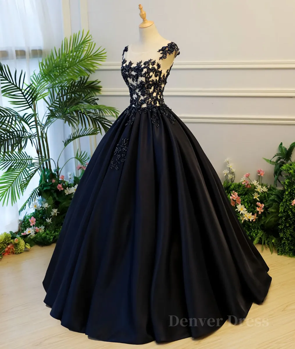 kamahe Black round neck satin long prom gown, black evening dress