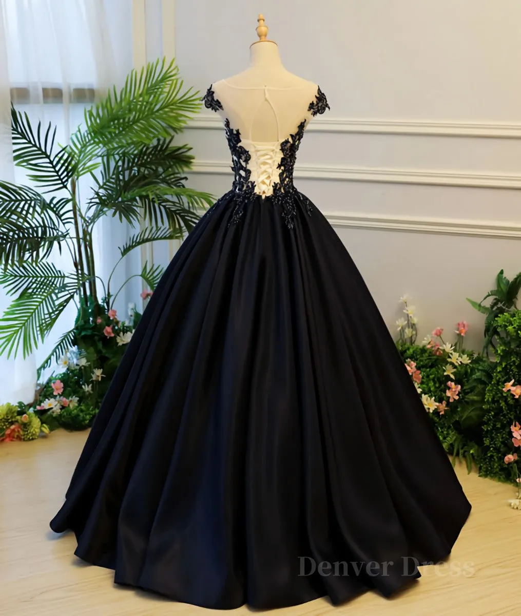 kamahe Black round neck satin long prom gown, black evening dress