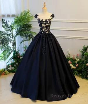 kamahe Black round neck satin long prom gown, black evening dress