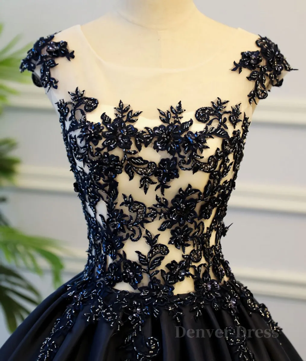 kamahe Black round neck satin long prom gown, black evening dress