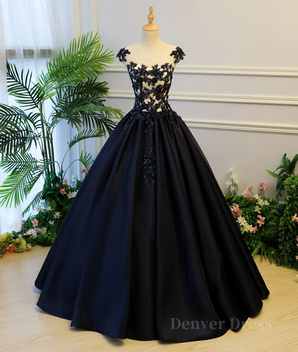 kamahe Black round neck satin long prom gown, black evening dress