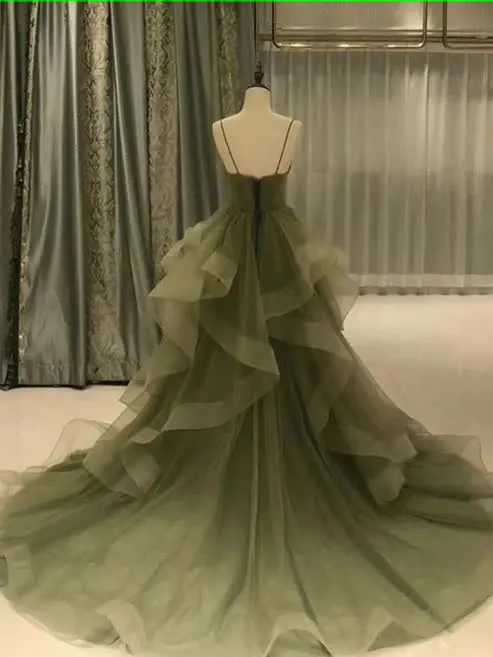 kamahe Spaghetti Strap Green A Line Long Prom Dress Formal Evening Gown Party Dress