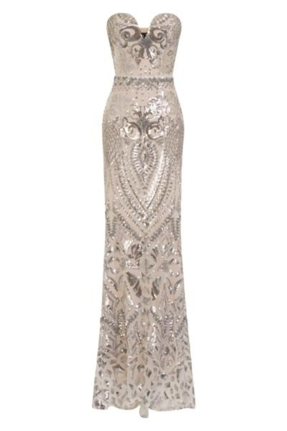 Kenza Silver Luxe Sweetheart Plunge Sequin Embellished Fishtail Dress