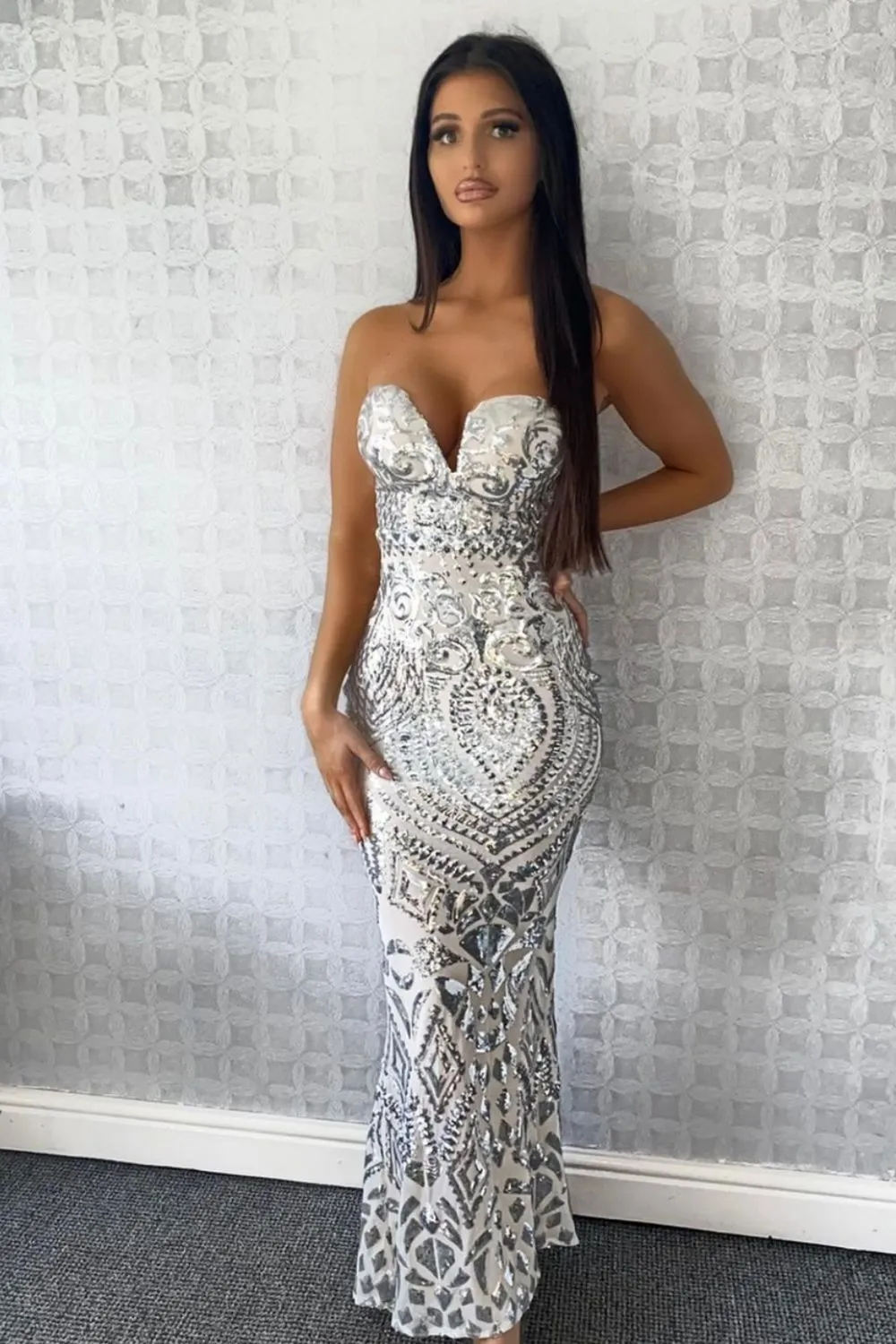 Kenza Silver Luxe Sweetheart Plunge Sequin Embellished Fishtail Dress