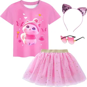 Kitties tutu Dress,Cat Pattern Casual T-shirt For Halloween Dress Up Outfits Birthday Party for 4-8T Girls