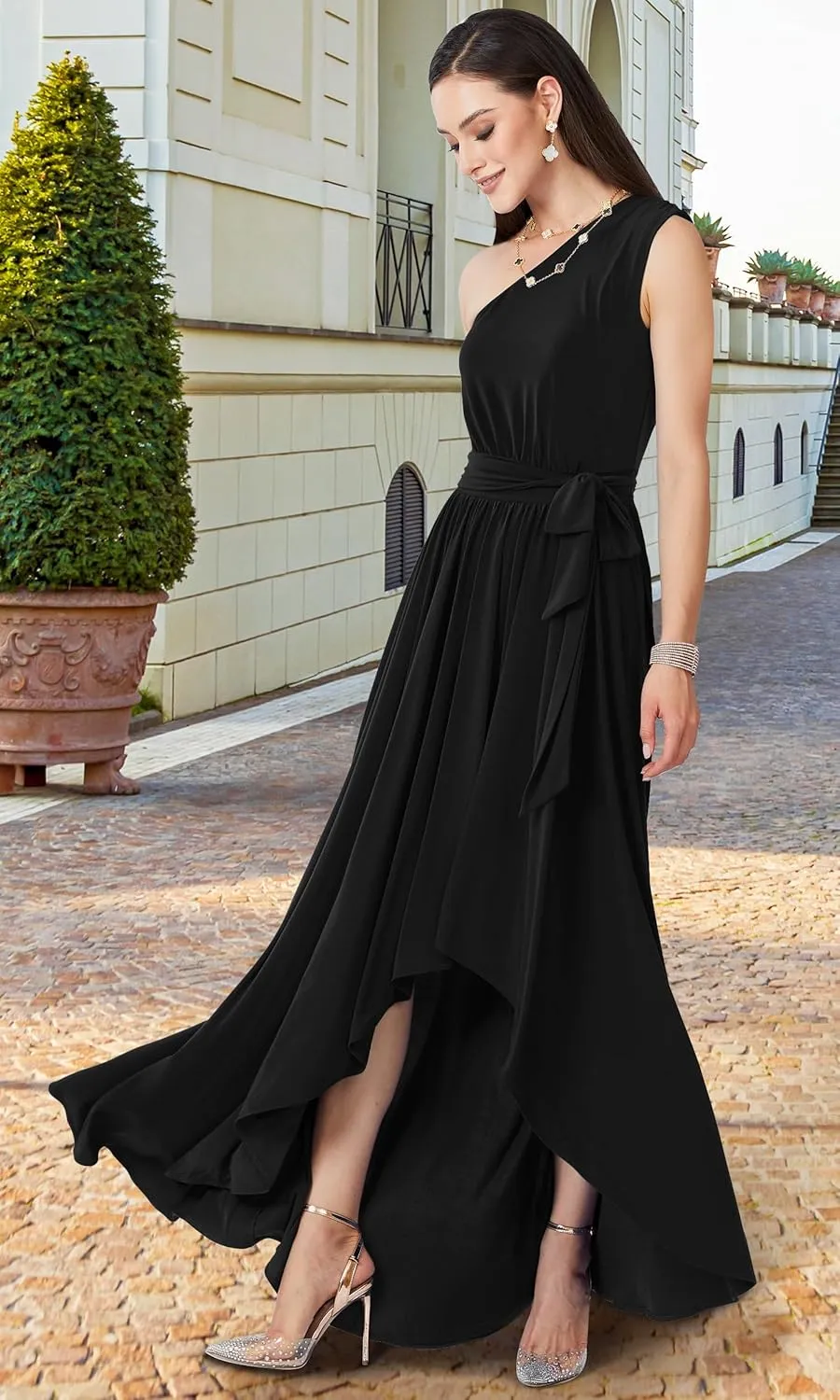 KOH KOH Womens 2025 One Shoulder Cocktail Bridesmaid Wedding Guest Maxi Dress