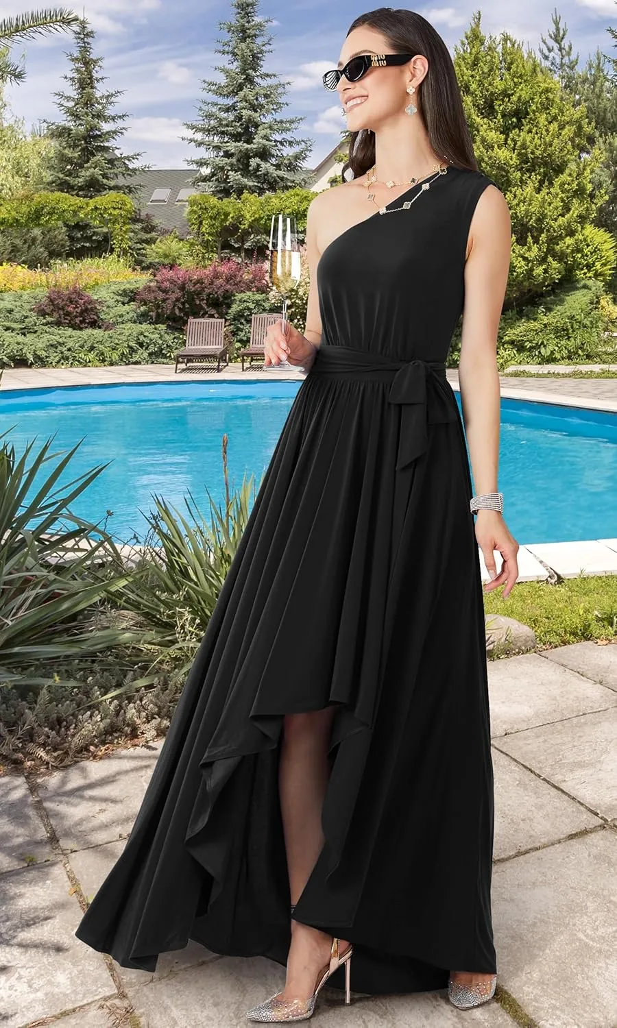KOH KOH Womens 2025 One Shoulder Cocktail Bridesmaid Wedding Guest Maxi Dress