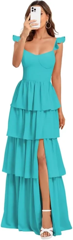 Kyeuan Tiered Ruffle Chiffon Bridesmaid Dresses Long Spaghetti Strap Side Slit Formal Evening Dresses for Women Wedding Guest