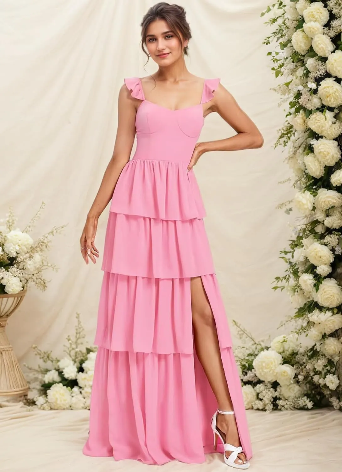 Kyeuan Tiered Ruffle Chiffon Bridesmaid Dresses Long Spaghetti Strap Side Slit Formal Evening Dresses for Women Wedding Guest