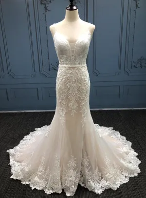 Lovely Blush Deep V Neckline Mermaid Wedding Dress