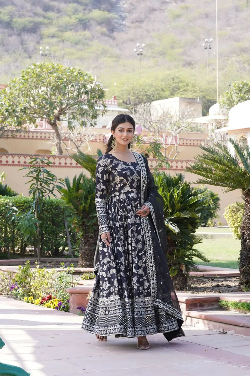 Luxe Black Viscose Jacquard Gown with Sequin Embroidery & Russian Silk Dupatta