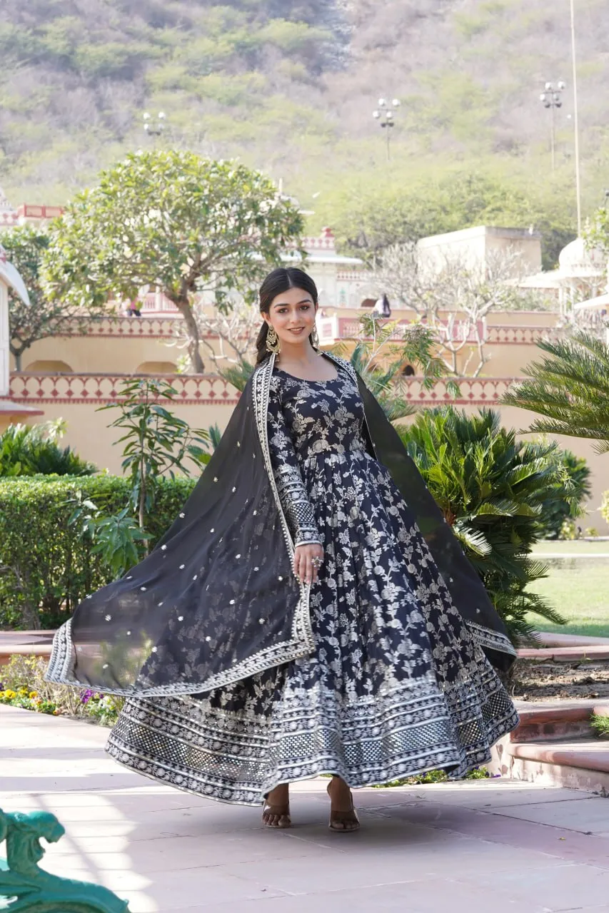 Luxe Black Viscose Jacquard Gown with Sequin Embroidery & Russian Silk Dupatta
