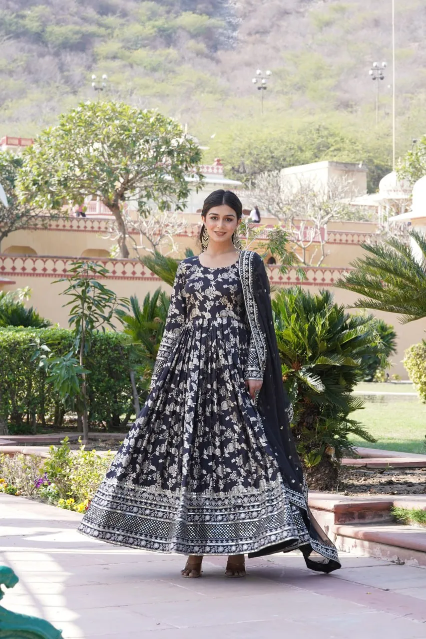 Luxe Black Viscose Jacquard Gown with Sequin Embroidery & Russian Silk Dupatta