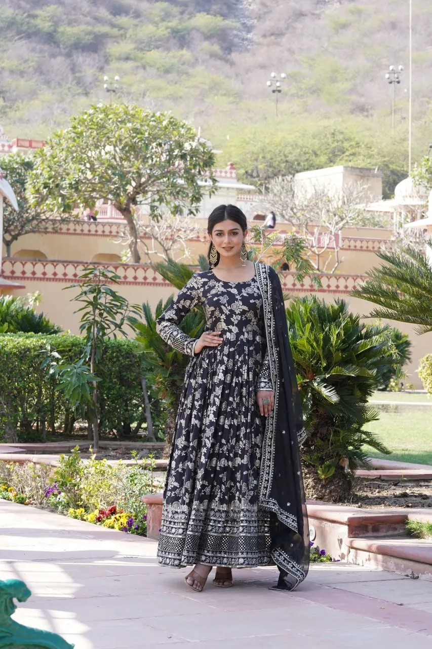 Luxe Black Viscose Jacquard Gown with Sequin Embroidery & Russian Silk Dupatta