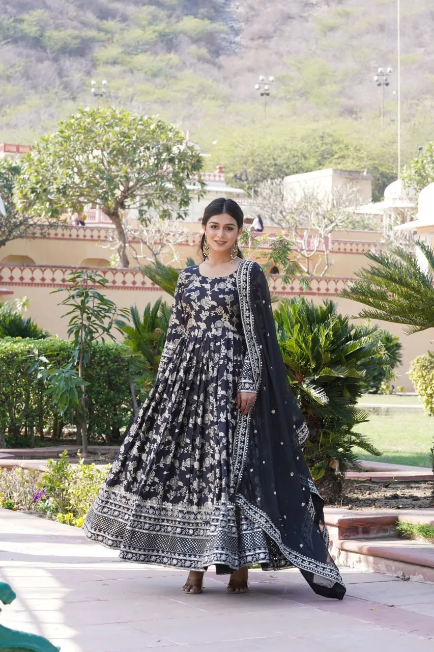 Luxe Black Viscose Jacquard Gown with Sequin Embroidery & Russian Silk Dupatta