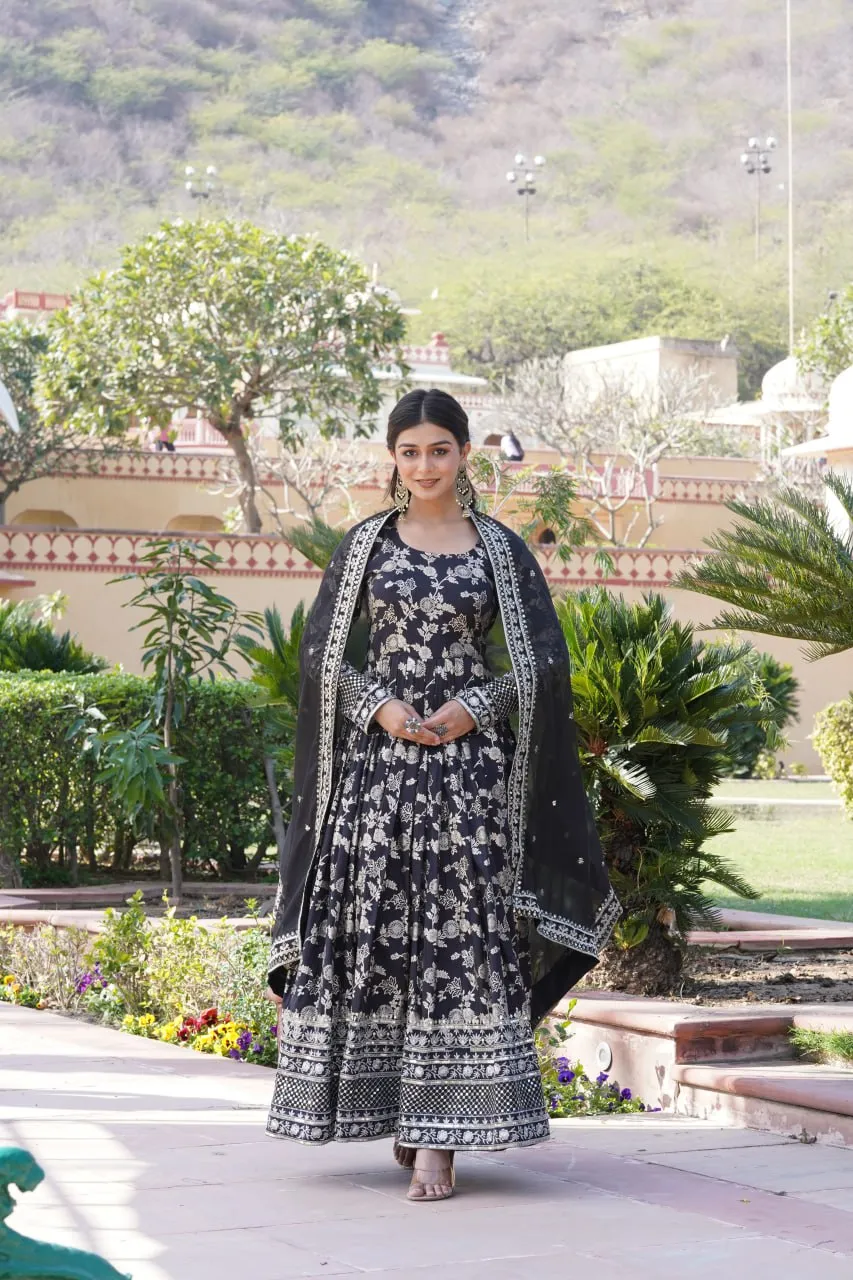 Luxe Black Viscose Jacquard Gown with Sequin Embroidery & Russian Silk Dupatta