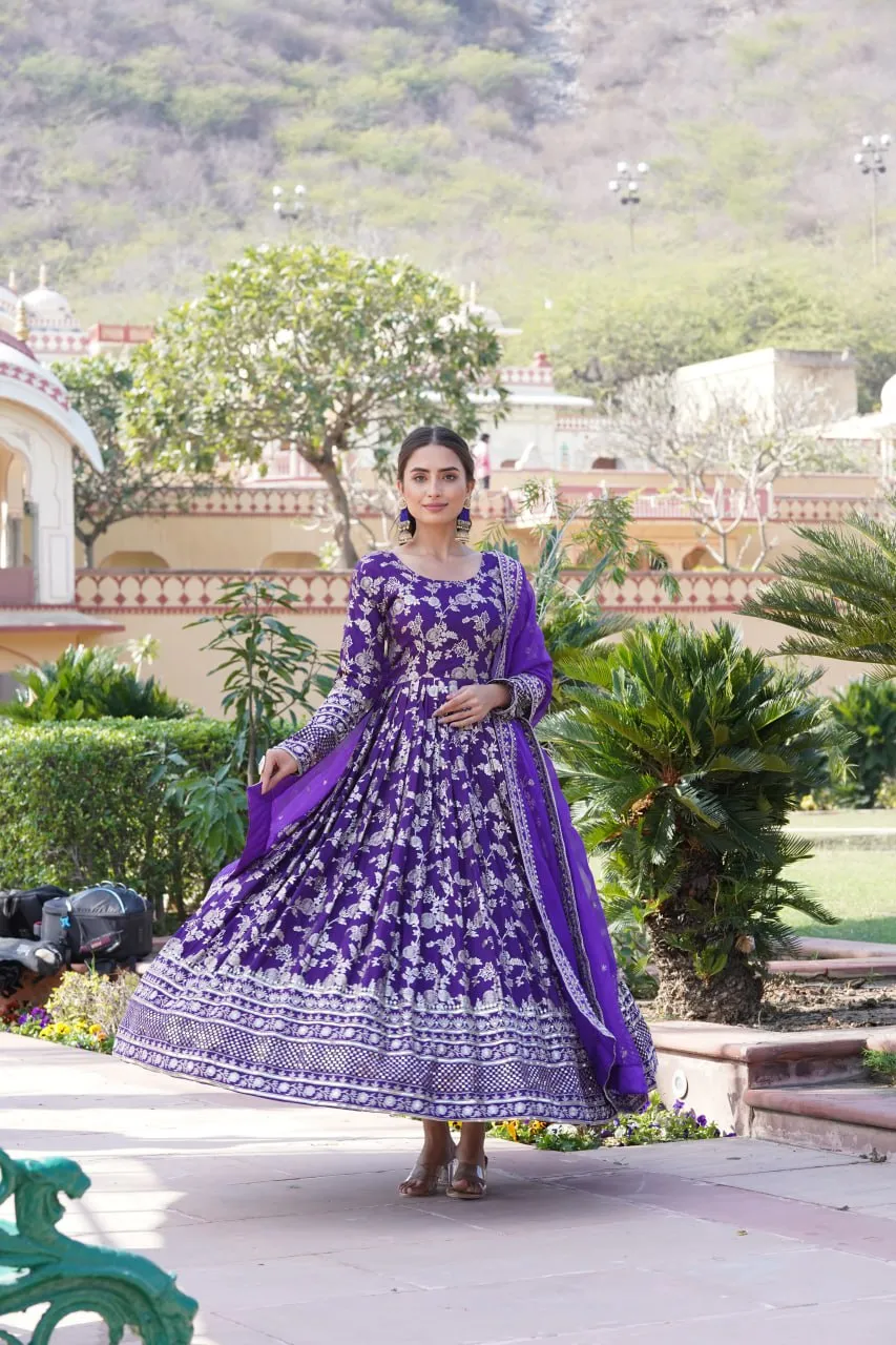 Luxe Purple Viscose Jacquard Gown with Sequin Embroidery & Russian Silk Dupatta