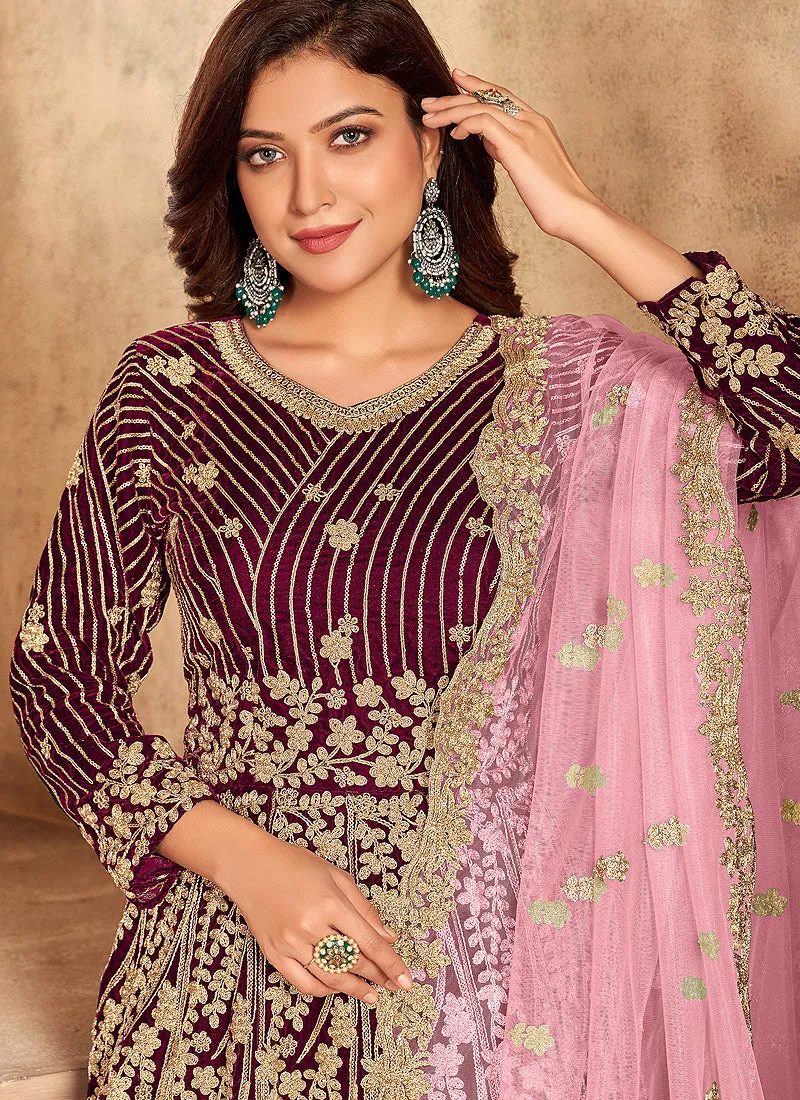 Maroon Embroidered Velvet Anarkali Suit