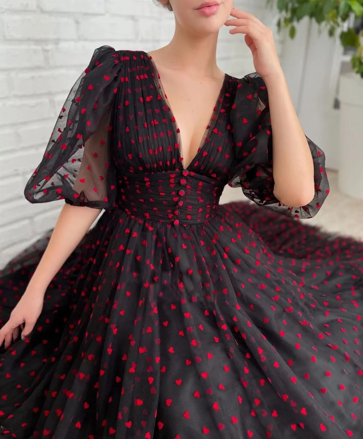 Maxianever Heart Tulle Prom Dresses Tea Length 2024 Corset A Line Puff Sleeves Formal Evening Party Gowns with Slit