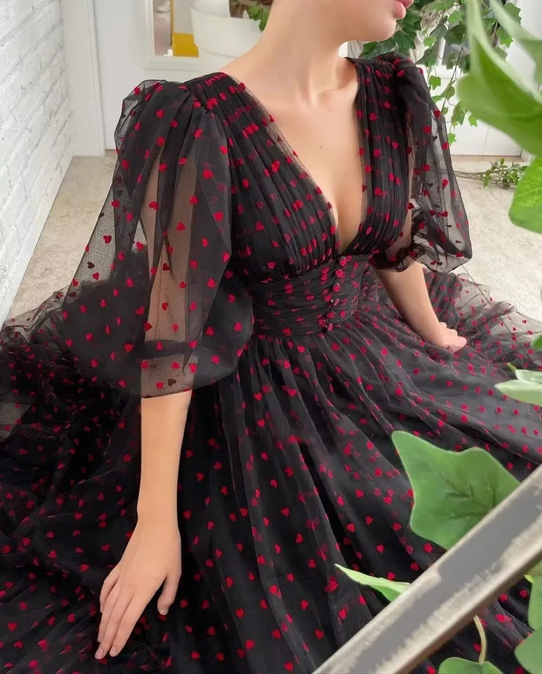 Maxianever Heart Tulle Prom Dresses Tea Length 2024 Corset A Line Puff Sleeves Formal Evening Party Gowns with Slit