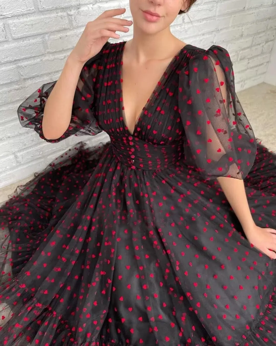 Maxianever Heart Tulle Prom Dresses Tea Length 2024 Corset A Line Puff Sleeves Formal Evening Party Gowns with Slit