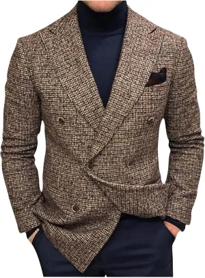 Mens Clasic Fit Plaid Suit Blazer Jacket Double Breasted Blazer Sport Coat Top Lightweight Notched Lapel Business Coats