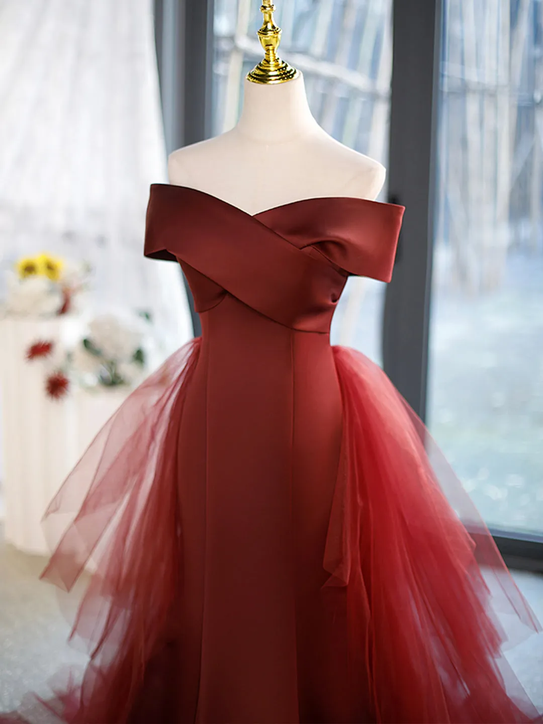 Mermaid V-Neck Satin Long Prom Dress Burgundy Off Shoulder Evening Dress with Bow