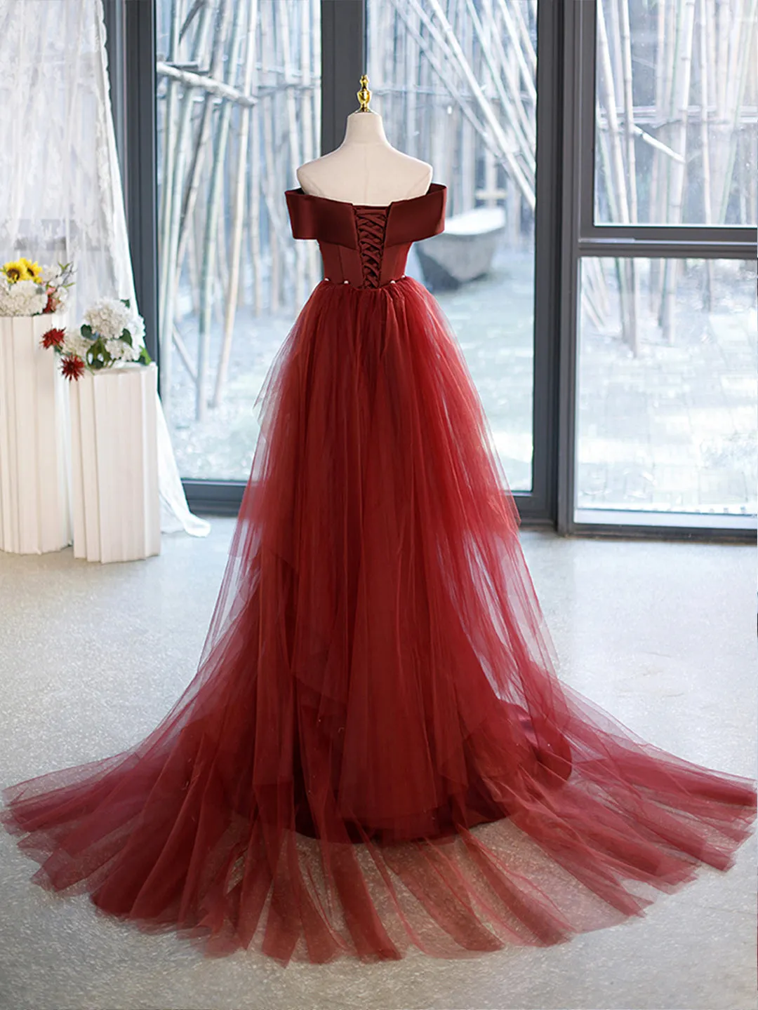 Mermaid V-Neck Satin Long Prom Dress Burgundy Off Shoulder Evening Dress with Bow