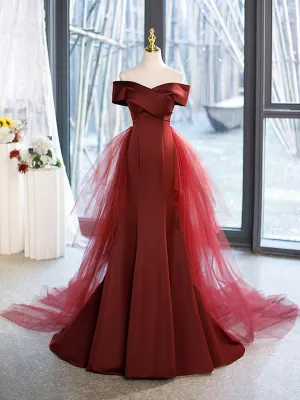 Mermaid V-Neck Satin Long Prom Dress Burgundy Off Shoulder Evening Dress with Bow