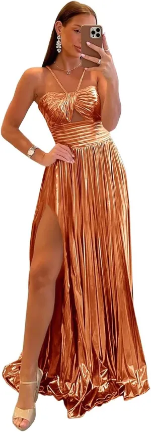 Metallic Prom Dresses Sparkly Satin Pleated A-line Keyhole Bodycon Spaghetti Straps 2025 Long Gowns with Slit