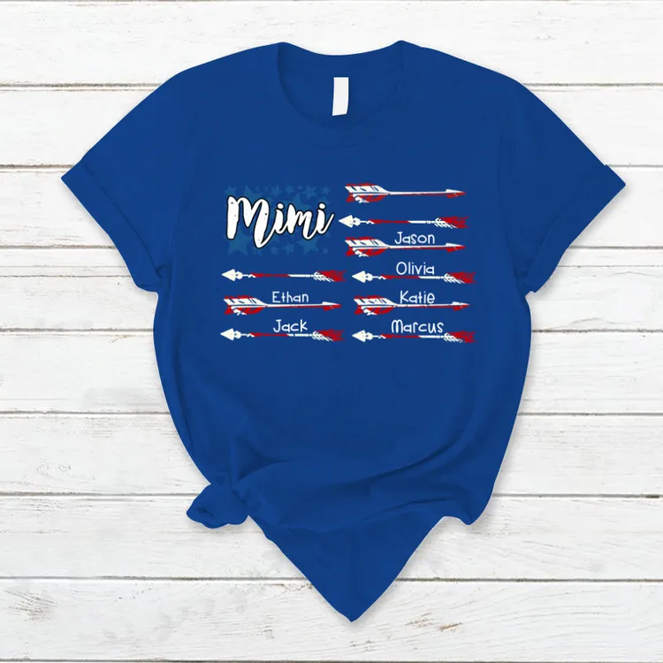 Mimi American Flag with Grandkids T-Shirt, Personalized Name 4th July Shirt