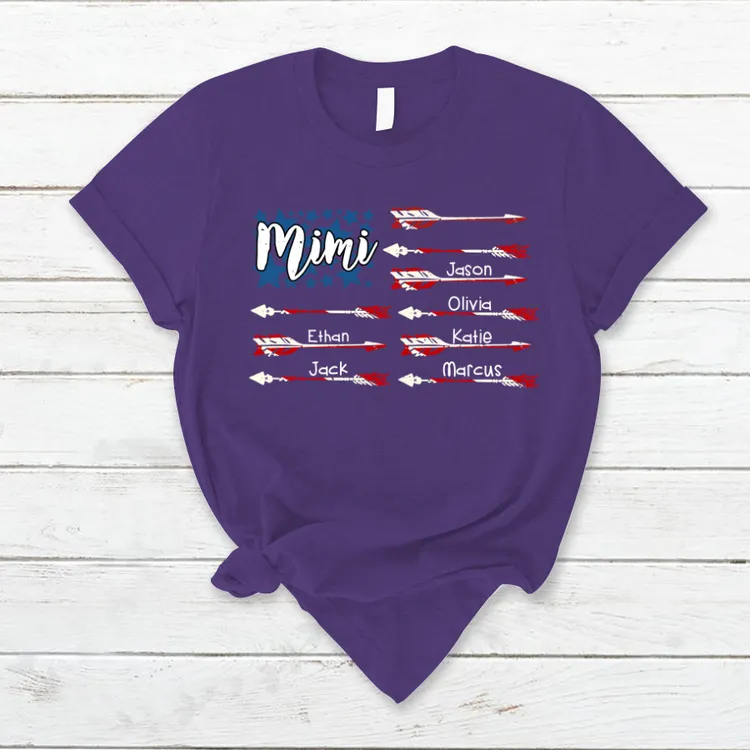 Mimi American Flag with Grandkids T-Shirt, Personalized Name 4th July Shirt