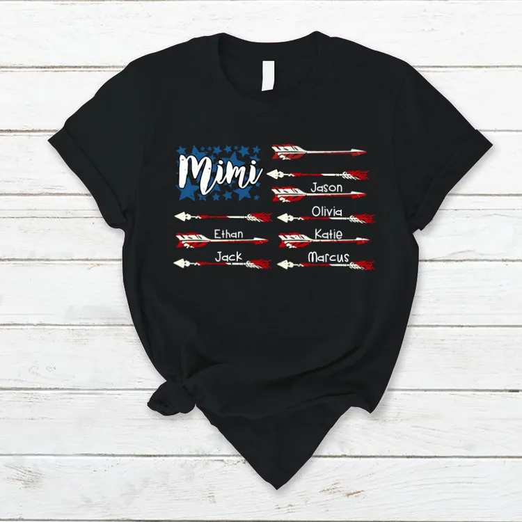 Mimi American Flag with Grandkids T-Shirt, Personalized Name 4th July Shirt