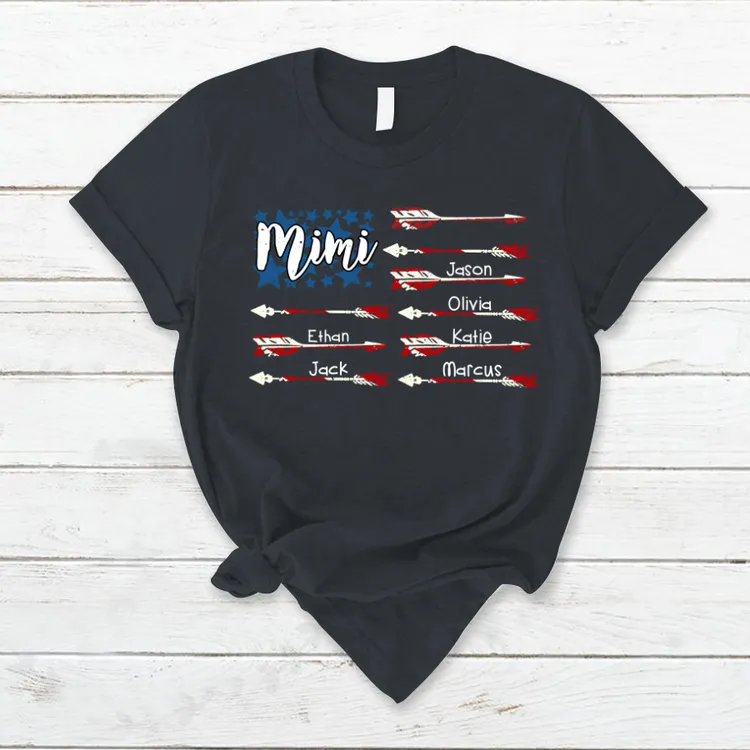 Mimi American Flag with Grandkids T-Shirt, Personalized Name 4th July Shirt