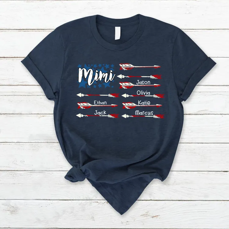 Mimi American Flag with Grandkids T-Shirt, Personalized Name 4th July Shirt