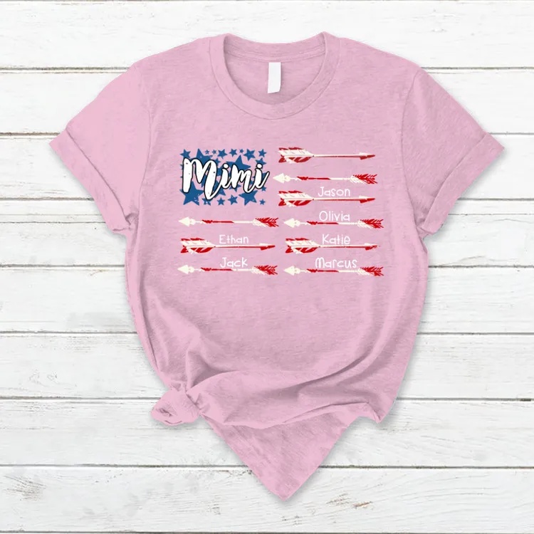 Mimi American Flag with Grandkids T-Shirt, Personalized Name 4th July Shirt