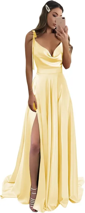 Monvelli Cowl Neck Satin Bridesmaid Dresses Long with Slit Spaghetti Straps Formal Prom Evening Gowns with Pockets 2025